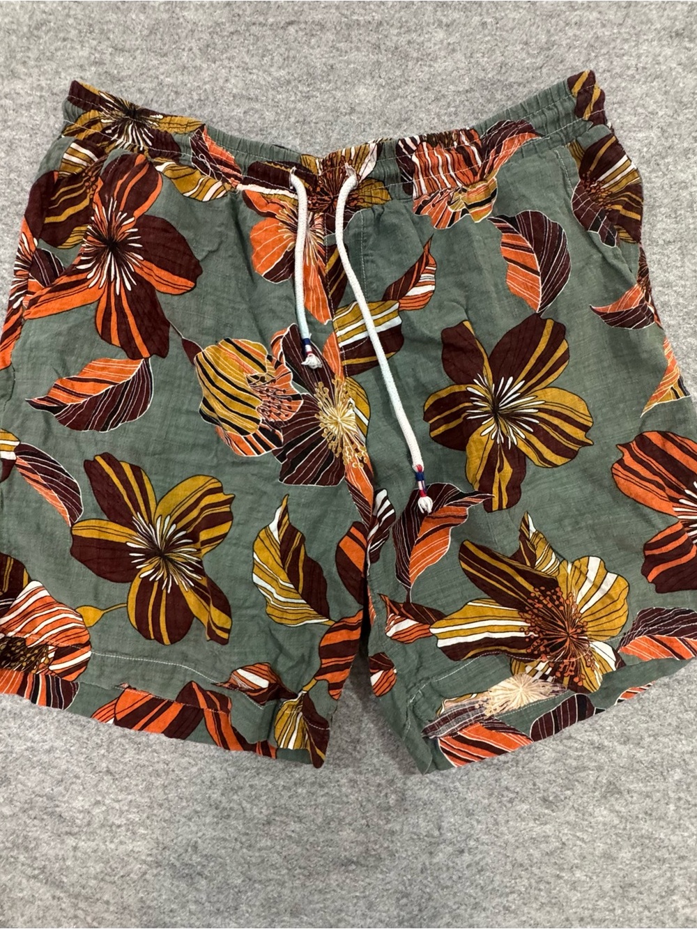 Men's Floral Shorts in Olive Green with Orange & Brown Accents
